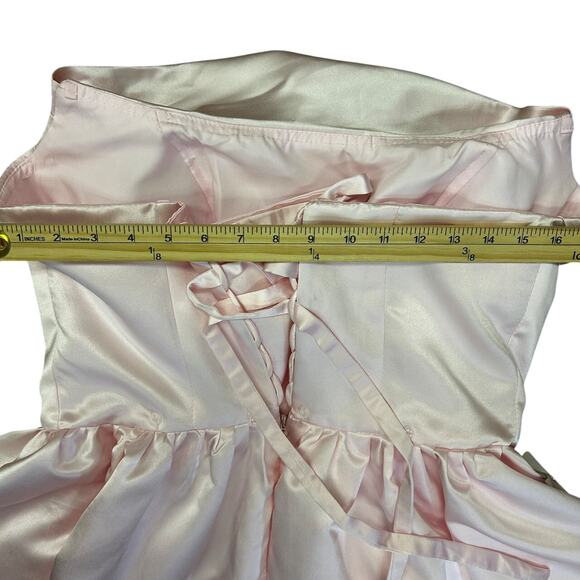 Soft Pink Satin Coquette Formal Dress Ruffle Bodice Dramatic Oversized Bow Train - Picture 9 of 12